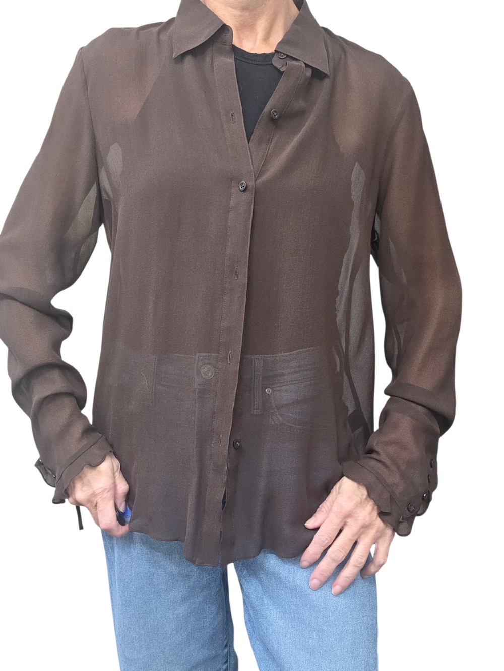 Lauren Ralph Lauren 100% Silk Sheer Brown Blouse Ruffle Cuff 10